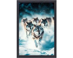 Rennende wolven in de sneeuw - Wolf wanddecoratie - Kunstwerk wolven - Hyperrealisme - Canvas decoratie met lijst - Wanddecoratie kinderkamer - canvas met baklijst 40x60 cm