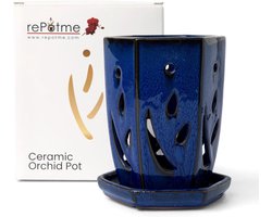 rePotme 4 x 6" Ceramic Orchid Pot (Evergreen Emerald Over Cream) - Hexagonal Orchid Pot with Holes