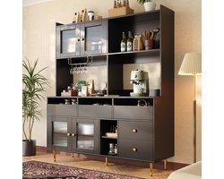 Restaurant hoge kast 145 x 39 x 171 cm - glazen deur - wijnglazenrek - houten structuur en gouden decoratie -zwart