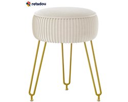 Retadou - Fluwelen ronde voetensteun, kruk, Ottoman, make-up, ijdelheidspak, bijzettafel, fluwelen kleedtafel, zitpoef, bankkruk, goud stalen poten, crèmewit, L/G-30M