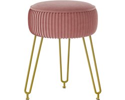 Retadou - Fluwelen ronde voetensteun, kruk, Ottoman, make-up, ijdelheidspak, bijzettafel, fluwelen kleedtafel, zitpoef, bankkruk, gouden stalen poten, roze L/G-30P