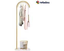 Retadou - Kapstok van metaal, vrijstaand, kledingrek met 15 haken en marmeren basis, 50 x 30 x 162 cm, kledingrek voor detailhandel, goudkleurig