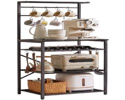 Retadou - Keukenrek met 5 planken, bakkersrek, staand rek, magnetronrek met verstelbare wijnhouders en S-haken, multifunctionele organizer, voor magnetron, kookgerei, zwart