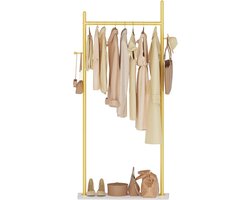 Retadou - Stabiele metalen kapstok, grote vrijstaande kledingstandaard voor kleding met rok slab basis en 2 haken, moderne garderobe, zakstandaard, 65 x 30 x 175 cm, goud