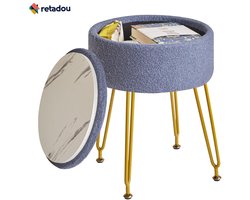 Retadou - Teddy fluwelen opslag voetensteun kruk Ottoman, make-up ijdelheid kruk bijzettafel met afneembare afdekking, gouden stalen poten, salontafel top cover, grijs blauw
