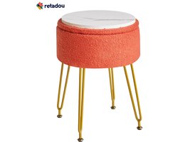 Retadou - Teddy fluwelen opslag voetensteun kruk Ottoman, make-up ijdelheid kruk bijzettafel met afneembare afdekking, gouden stalen poten, salontafel top cover, oranje