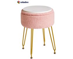 Retadou - Teddy fluwelen opslag voetensteun kruk Ottoman, make-up ijdelheid kruk bijzettafel met afneembare afdekking, gouden stalen poten, salontafel top cover, roze