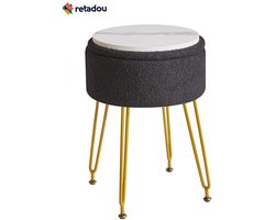 Retadou - Teddy fluwelen opslag voetensteun kruk Ottoman, make-up ijdelheid kruk bijzettafel met afneembare afdekking, gouden stalen poten, salontafel top cover, zwart