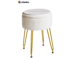 Retadou - Teddy fluwelen opslag voetensteun kruk Ottoman, make-up ijdelheid kruk bijzettafel met afneembare afdekking, gouden stalen poten, salontafel top cover, wit