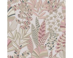 Retro behang Profhome 390954-GU vliesbehang hardvinyl warmdruk in reliëf licht gestructureerd met bloemmotief en metalen accenten roze goud pastelviolet olijfgroen 5,33 m2
