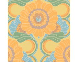 Retro behang Profhome 395301-GU vliesbehang hardvinyl warmdruk in reliëf licht gestructureerd met bloemen patroon mat geel turkooisblauw groen beigegrijs 4,5 m2