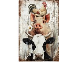 Retro Blikplaat met Varkens, Koeien en Kippen - 20x29cm Boerderij Dieren Wanddecoratie voor Thuis en Tuin, Grappige Muurkunst en Cadeau Ideeën