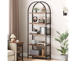 Retro Boekenkast-Boekenrek van hout, rek, staand rek van metaal, opbergrek, boekenrek met 5 niveaus, gebogen boekenrek, boekenrek voor woonkamer, kantoor, slaapkamer 180x60x28CM