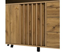 Retro dressoir kast 120x40x85 cm donker eikenhouten opbergkast met jaloeziedeuren, 3 laden en 2 deuren, open vakken, multifunctionele opbergkast voor woonkamer, eetkamer, hal en entree