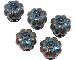 Retro en Elegante Keramische Pompoen Knoppen - 5 Stuks Kastdeurgrepen en Lades, Blauw, Vintage Interieur Accessoires