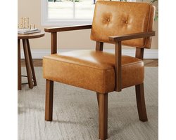 Retro Fauteuil - Mid-Century Accent Stoel - Bruin Kunstleer met Houten Frame - Luxe Relaxstoel met Knoopsdetails - Lounge Chair voor Woonkamer & Slaapkamer