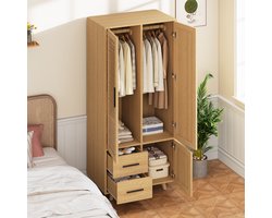 Retro houten kledingkast met 2 kledingroedes, 1 kastruimte en 2 lades, rotan design, voor de slaapkamer, 80 x 52 x 166 cm (verzonden in 2 pakketten)