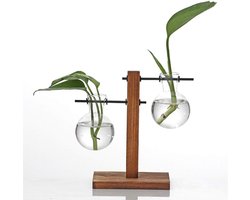 Retro Houten Onderstel met Glazen Bolvaas - Hydrocultuur Terrarium voor Bureaublad, Waterkweek Vase voor Plantenvermeerdering, Decoratie voor Thuis & Tuin