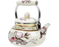 Retro Houtkachel met Kookplaat en Waterketel - Geëmailleerd - 2500 ml - Keramische Handgreep - Voor Gas en Inductie - Koffiepot en Theeketel