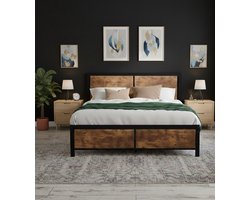 Retro Industrieel Tweepersoonsbed 140x200 cm – Stijlvol Houten Hoofdeinde en Robuust Metalen Bedframe met Lattenbodem, Extra Opbergruimte Onder Bed – Geluidsvrij en Duurzaam Slaapkamerbed, Vintage Bruin Furniture Land
