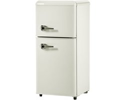 Retro koelkast 42x45,5x88,8cm Crèmewit 2-Deurs Totaal 60L Vriezer 22L 102kWh/jaar Temperatuur -27°C tot 13°C Energieklasse E Met LED Verlichting Geschikt Voor Kleine Ruimtes