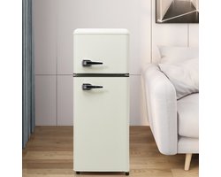 Retro koelkast. Coole en vriezercombinatie, 105,5 cm hoog, 41 cm breed, tweedeurs, met een totaal van 92 liter totaal volume, 28 liter vriezervolume. Deurplanken en glazen planken. 116 kWh/jaar, -27 ° C ~ 13 ° C, LED -licht.