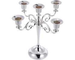 Retro Metaal Kandelaar 5 Armen Candelabra Kaarshouder – Metaal Legeing Constructie – 5-armig Design – Symmetrische Hoogte Verschil – Eenvoudige Montage – Afmeting 26x27x27cm – 1 Stuk – Zilver