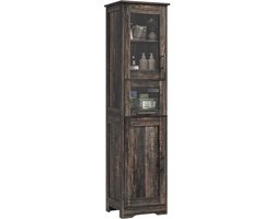 Retro Opbergkast Hoog - 40x30x170cm - Smal Badkamerkast - Transparante Deuren - Metalen Handgrepen - Verstelbare Planken - Voor Badkamer En Woonkamer - Donker Eikenkleur