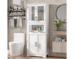 Retro Opbergkast Hoog - 60x30x170cm - Smal Badkamerkast - Transparante Deuren - Metalen Handgrepen - Verstelbare Planken - Voor Badkamer En Woonkamer - Wit