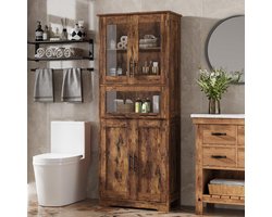 Retro Opbergkast Hoog - 60x30x170cm - Smal Badkamerkast - Transparante Deuren - Metalen Handgrepen - Verstelbare Planken - Voor Badkamer En Woonkamer - Bruin