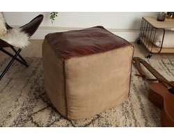 Retro poef MUSTANG lederen bekleding 45cm met linnen zitkubus - 39525
