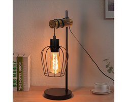 Retro Tafellamp - 1-Lichts Vintage Bedlampje - Industrieel Design van Metaal en Hout - Zwart - E27 Fitting - Inclusief Schakelaar - Zonder Lamp - 50 cm Hoog - Sfeerlamp Voor Woonkamer en Nachtkastje