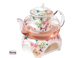 Retro theepot met warmer en thee-ei - Roze vlinderdesign