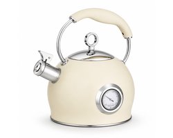 Retro Theepot Roestvrijstalen Fluitketel met Thermometer – 3L – RVS Waterketel voor Inductie, Gas, Elektrisch & Keramisch – Fluitende Schenktuit – Beige