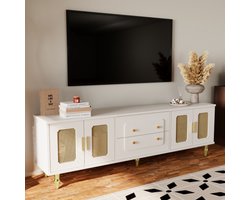 Retro TV-Meubel 175×38×55,5 cm – Wit Lowboard met Rattan Deur, Gouden Handgrepen & Metalen Poten – Veel Opbergruimte