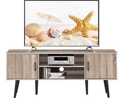Retro TV Standaard, Media Console met 2 Opbergkasten, Open Plank, Massief Houten Poten, Thuiskantoor Woonkamer Meubels, Entertainment Centrum voor TV's tot 60 Inch (Grijs)