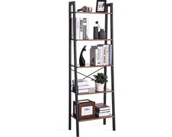 Retro Vintage Open Boekenkast Ladderkast - Industrieel Design Opbergrek - Boekenrek Opslagrek - Staande Wandkast - 5 Legplank Etages - Zwart