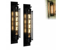 Retro wandlamp in fluitvorm – 2700K warm wit licht – 6W – Smeedijzeren wandlamp – Geschikt voor restaurants, bars, barbecuezaken en hallen in loftstijl – Binnen- en buitengebruik – Set van 2 – Zwart