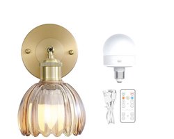 Retro wandlamp met verstelbare messing glazen kap en schakelaar; geschikt voor naast het bed, in de slaapkamer of bij de deur - oplaadbaar model met drie kleuren.