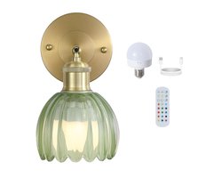 Retro wandlamp met verstelbare messing glazen kap en schakelaar; geschikt voor naast het bed, in de slaapkamer of bij de deur - oplaadbaar model met groene RGB-verlichting.