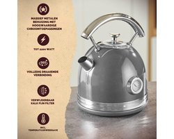 Retro Waterkoker 1.7L - Stijlvol Vintage Design Met Metalen Behuizing En Chroom Accenten - 2200W Temperatuurweergave - PC WKS 1192 Antraciet!