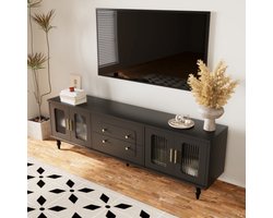 Retro Zwart TV-Meubel 177×38×55,5 cm – Lowboard met Glazen Deur, Gouden Handgrepen & Massiefhouten Poten – Ruim Opbergruimte