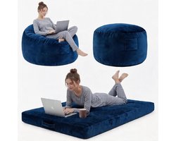 Reuze 3-in-1 Zitzak & Slaapbank - XL Lounge Stoel met Traagschuim (Memory Foam) - Met Wasbare Flanellen Hoes, Zijvak & Handvat - Opklapbaar Zitzak Bed voor Volwassenen & Tieners - Blauw