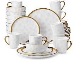 Rêverie® - Luxueuze Porseleinen Serviesset - 32 delig - Serviesgoed 32 stuks - Bordenset 8 persoons - Borden, Kopjes, Mokken en Kommen - Wit met Gouden Versiering