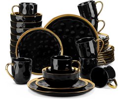 Rêverie® - Luxueuze Porseleinen Serviesset - 32 delig - Serviesgoed 32 stuks - Bordenset 8 persoons - Borden, Kopjes, Mokken en Kommen - Zwart met Gouden Versiering