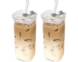 REWYTAZ-2 stuks 400ml koppels vierkante glazen bekers met deksels en rietjes - hittebestendig duurzaam glazen drinkgerei voor melkthee-koffie-sap - ideale cadeauset-Transparant wit