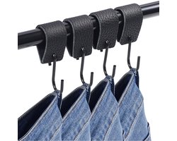 REWYTAZ-S-haken 8 stuks haken om op te hangen, S-haken zwart, jashaken, jashaken zwart, jashaken jashaken, jashaken met leren lus voor kapstok kledingrek keuken badkamer