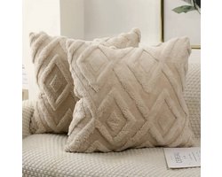 REWYTAZ-Set van 2 -Zachte Luxe Kussenhoezen Set - Groot Ruitpatroon - Woondecoratie - Kussenhoes voor Slaapkamer of Woonkamer - Sierkussenhoezen - Kussenhoezen Modern Design - Exclusief Kussenvulling - 45x45 cm - Beige