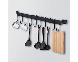 REWYTAZ-Wandrek keuken - ophanghaken – Rek voor keukengerei en pannen – Keukenorganizer – Inclusief 10 haken – Voor het ophangen van pannen, kommen, koffiekopjes en meer – Koolstofstaal – Zwart