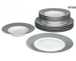 RFWR® 12-delige platte bordenset - tafelservies voor 6 personen - witte porseleinen borden met grijze rand